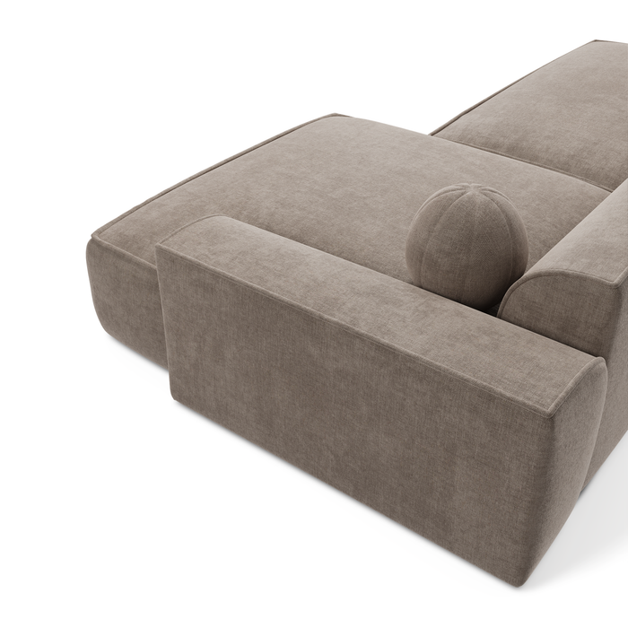 300 cm brede hoekbank van taupekleurig fluweel met rechterhoek