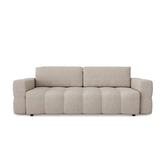 4-zits slaapbank in walnoten kast met beige bouclette stof