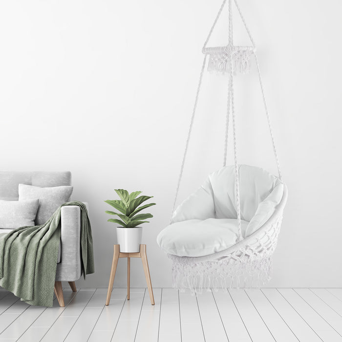 Vivere Polyester Macrame Deluxe Stoel met Franje - Off White