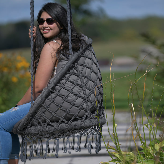 Vivere Polyester Macrame Deluxe Stoel met Franje - Dauw Grijs