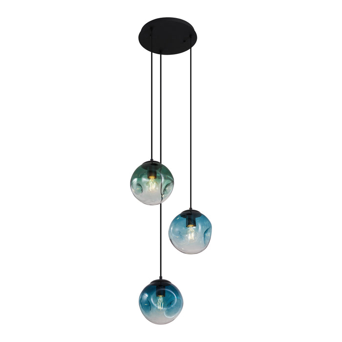 QAZQA Art deco hanglamp zwart met blauw en groen glas 3-lichts -