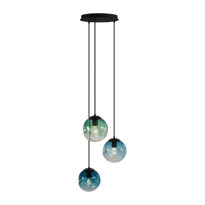 QAZQA Art deco hanglamp zwart met blauw en groen glas 3-lichts -
