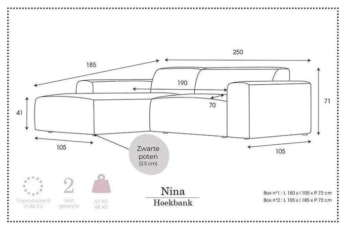 NADUVI Collection Nina Hoekbank Links - Ribstof - Zwart