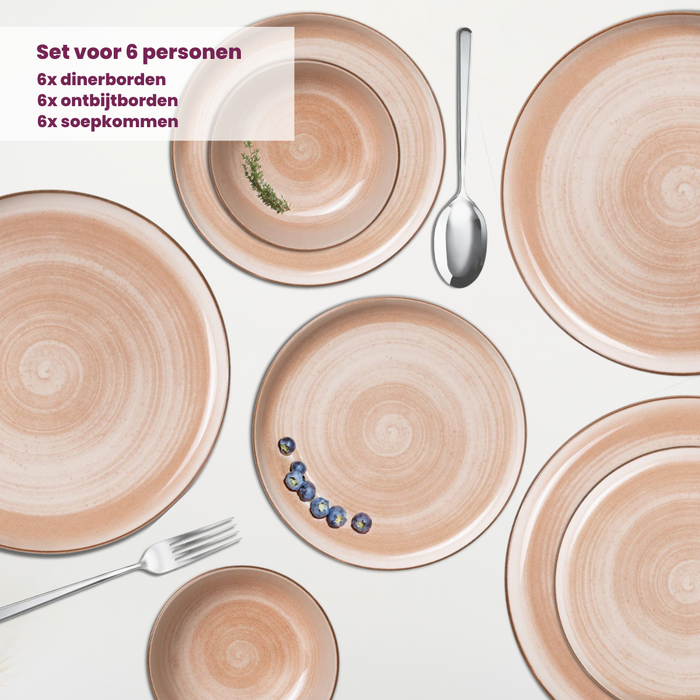 Cosy & Trendy Serviesset Baltic Peach 18-delig | 6 personen - 6 borden, 6 diepe borden en 6 schaaltjes