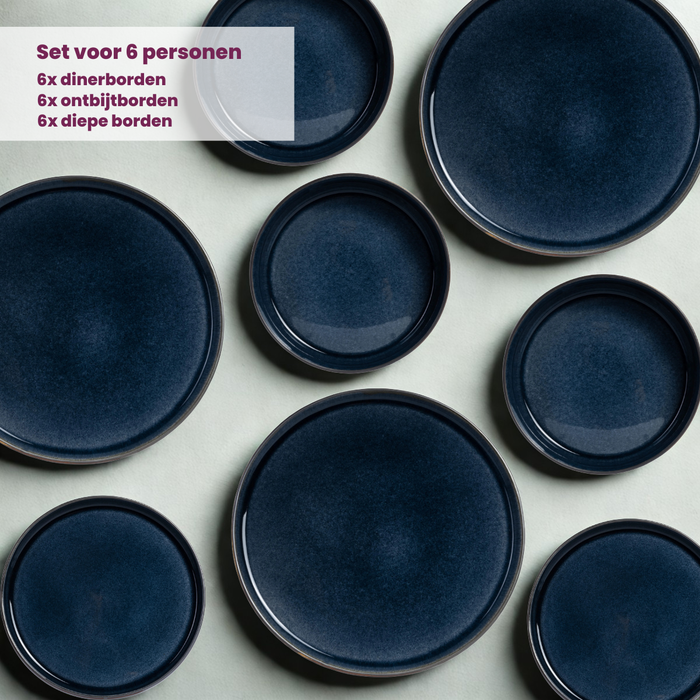 Cosy & Trendy Serviesset Quintana Blue 18-delig | 6 personen - 6 dinerborden, 6 diepe borden en 6 ontbijtborden