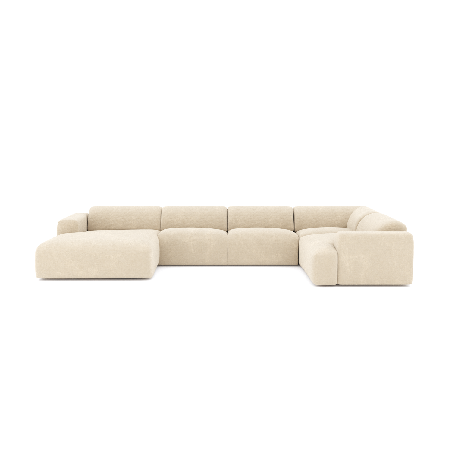Panoramische sofa links, bekleed met crèmekleurig fluweel met patroon.