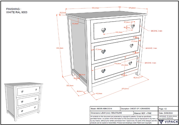 LUCEVI - Amori Commode 3 Laden - Wit - 90x57 cm