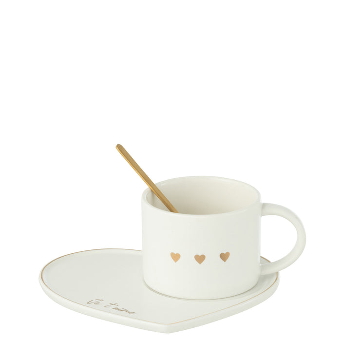 J-Line kop + schoteltje Hartjes - keramiek - wit|goud