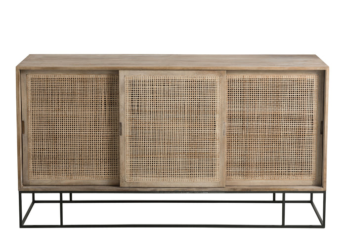 J-line - Kast 3 Schuifdeuren Riet Mangohout Naturel - 160x45x85cm