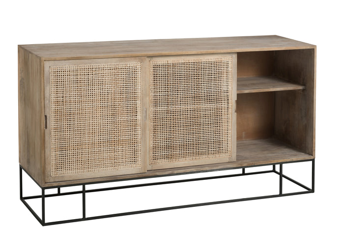 J-line - Kast 3 Schuifdeuren Riet Mangohout Naturel - 160x45x85cm