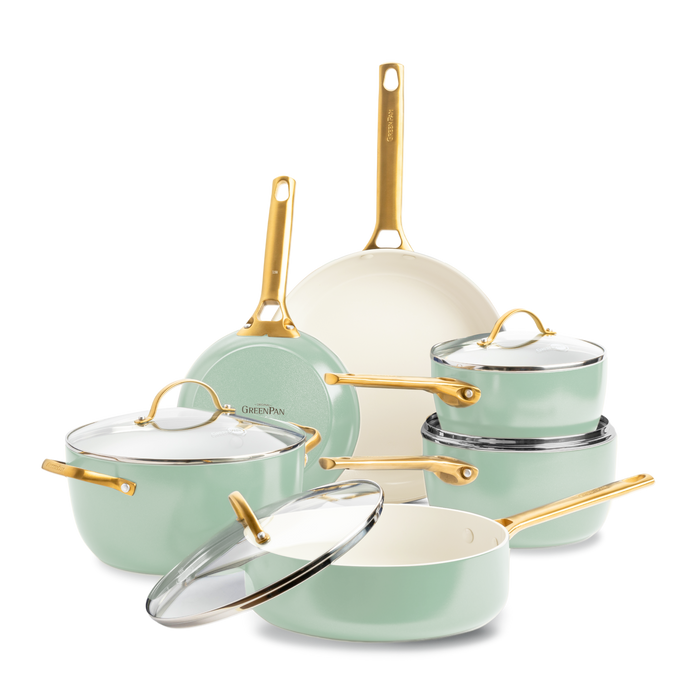 GreenPan Padova Mint Green Keramische Inductie Pannenset 10-delig - PFAS-vrij - Inductie pannenset - Inductie hapjespan - Inductie koekenpan - Ovenbestendig tot 200°C - Vaatwasserbestendig - RVS handgrepen - Met deksels - Muntgroen
