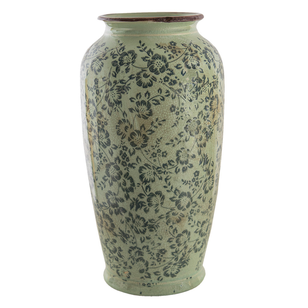 Clayre & Eef Vaas  Ø 17x35 cm Groen Keramiek Bloemen Decoratie Vaas