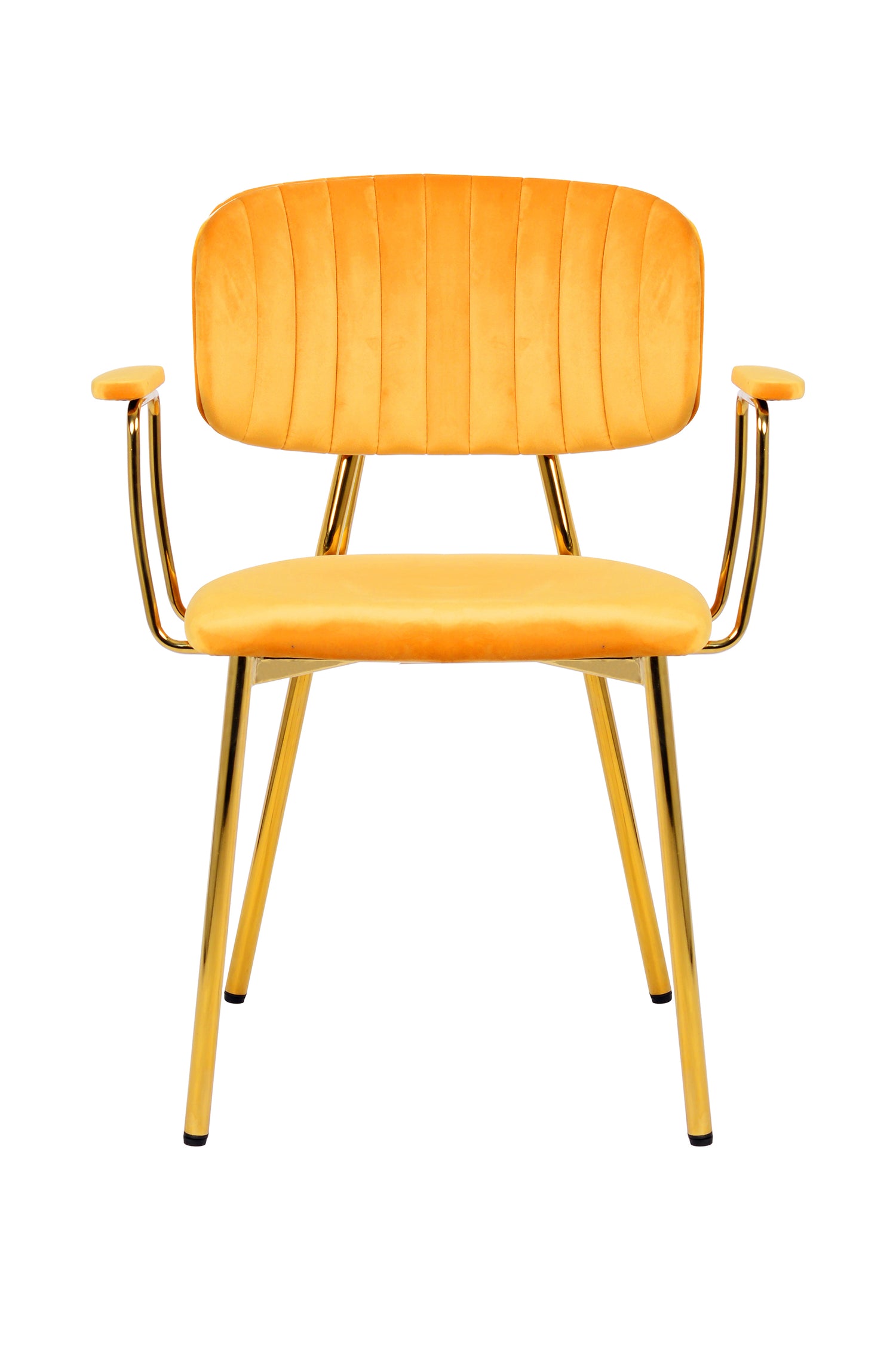 Stoel, set van 2 licht oranje gemaakt van ijzer met armleuningen, glamoureus ontwerp, gouden roestvrij stalen frame, fluwelen hoes, decoratieve stiksels