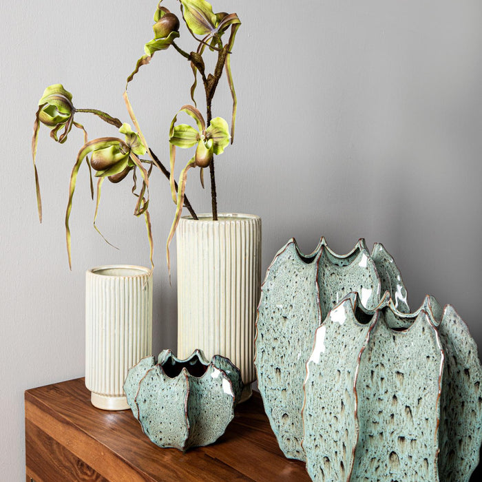 PTMD Eviera Pearl shiny glazed ceramic pot ribbed round