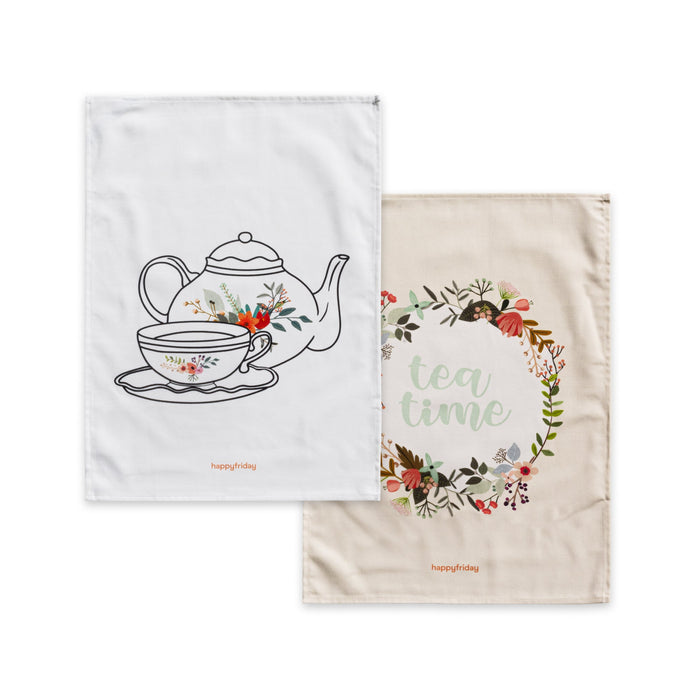 Time to tea Keukenhanddoek 2 stuks 70x50 cm Happyfriday, Veelkleurig, 100% katoen, de kwaliteit van 200 Gr x m2