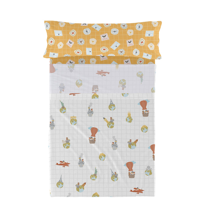 World trip Laken Set 180x270 cm Mr Fox, Veelkleurig, 100% katoen, de kwaliteit van 150 TC