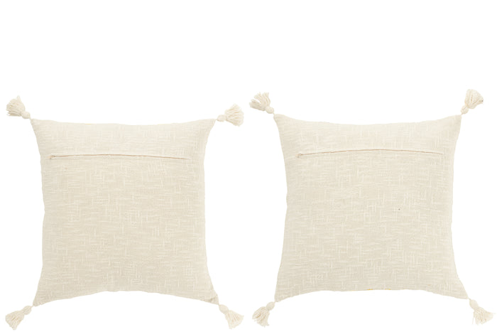 J-Line kussen Vierkant Strepen + Kwasten - katoen - wit|geel - 2 stuks