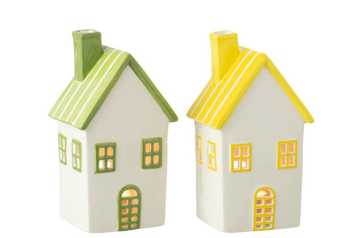 J-Line theelichthouder Huis Dolomiet - keramiek - geel|groen - 2 stuks