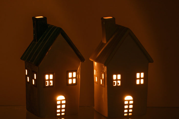 J-Line theelichthouder Huis Dolomiet - keramiek - geel|groen - 2 stuks