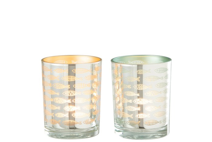 J-Line windlicht Vissen - glas - beige|blauw - small - 2 stuks