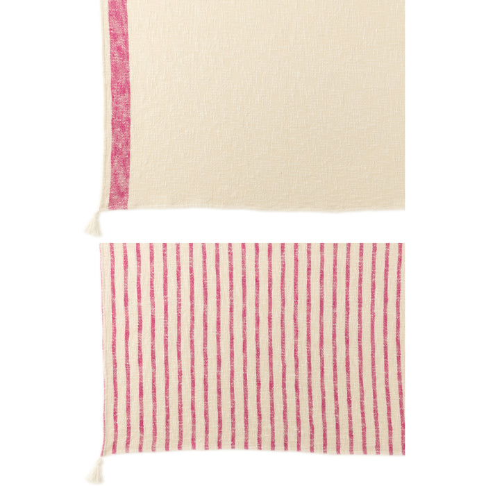 J-Line plaid Strepen + Kwasten - katoen - wit|roze -  2 stuks