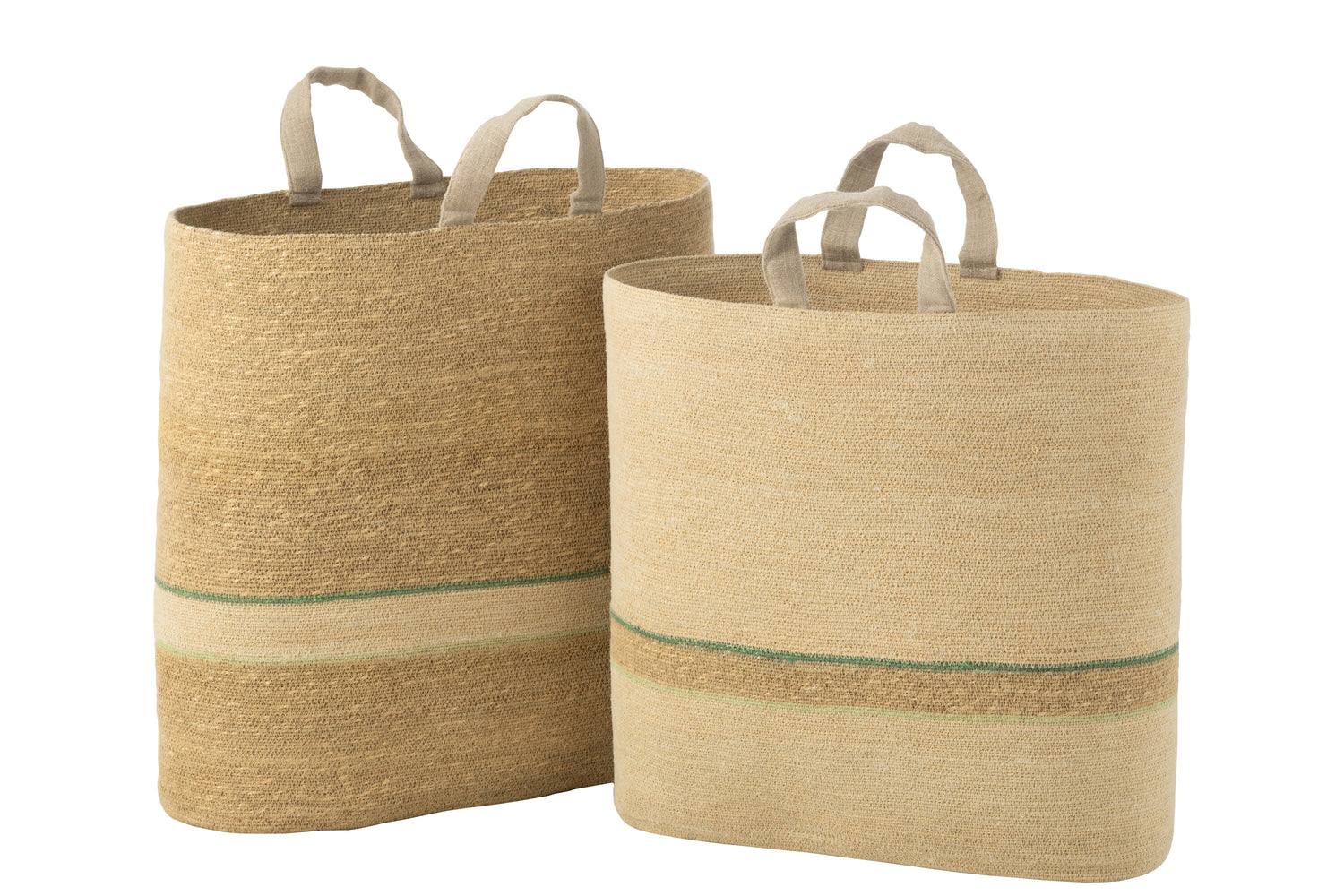 J-Line mand strepen + handvat - naturel|groen - 2 stuks