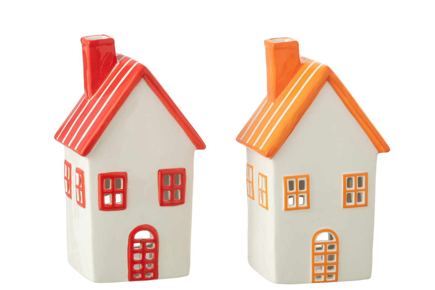 J-Line theelichthouder Huis Dolomiet - keramiek - oranje|rood - 2 stuks