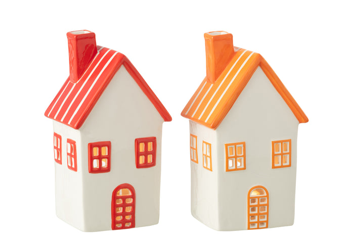 J-Line theelichthouder Huis Dolomiet - keramiek - oranje|rood - 2 stuks