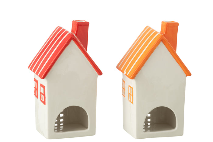J-Line theelichthouder Huis Dolomiet - keramiek - oranje|rood - 2 stuks