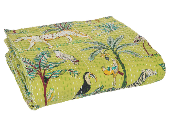 J-line - Plaid Mat Exotisch Dieren Katoen Groen Large - 270x220x0.5cm