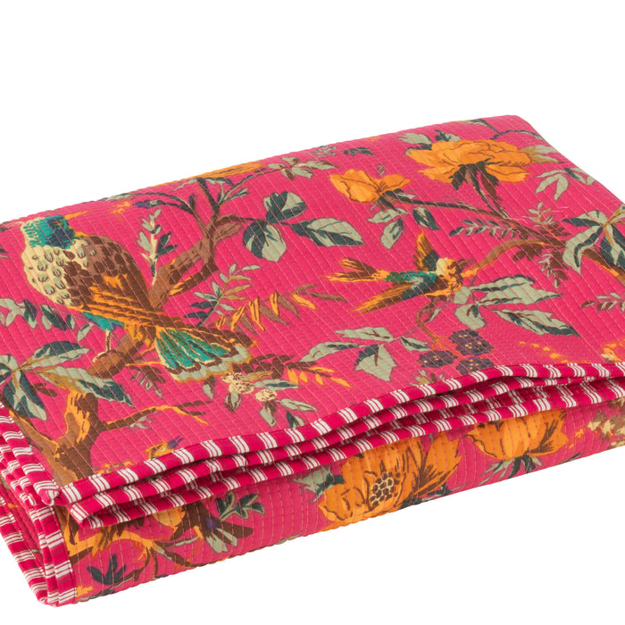 J-Line deken Vogels|Bloemen - katoen|fluweel - roze