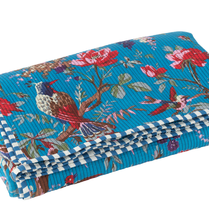 J-Line deken vogels|bloemen - katoenfluweel - blauw