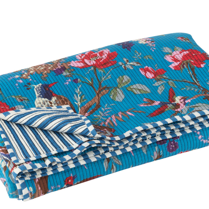 J-Line deken vogels|bloemen - katoenfluweel - blauw