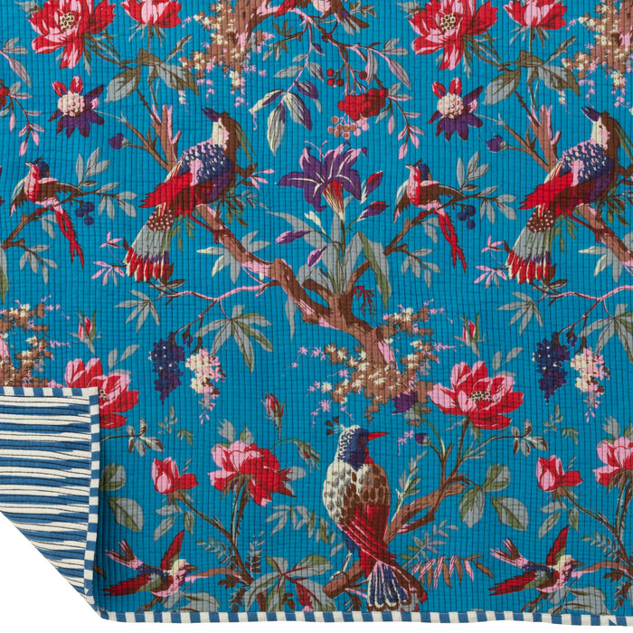 J-Line deken vogels|bloemen - katoenfluweel - blauw