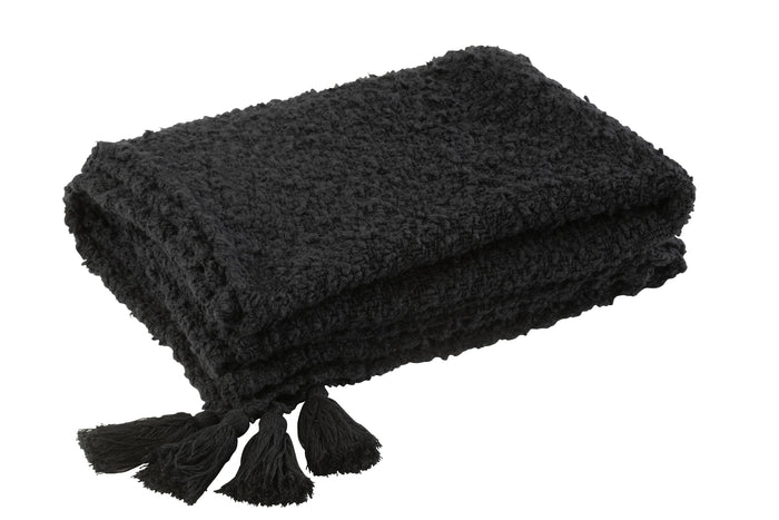 J-line - Plaid Kwasten Katoen Zwart - 180x130x1cm