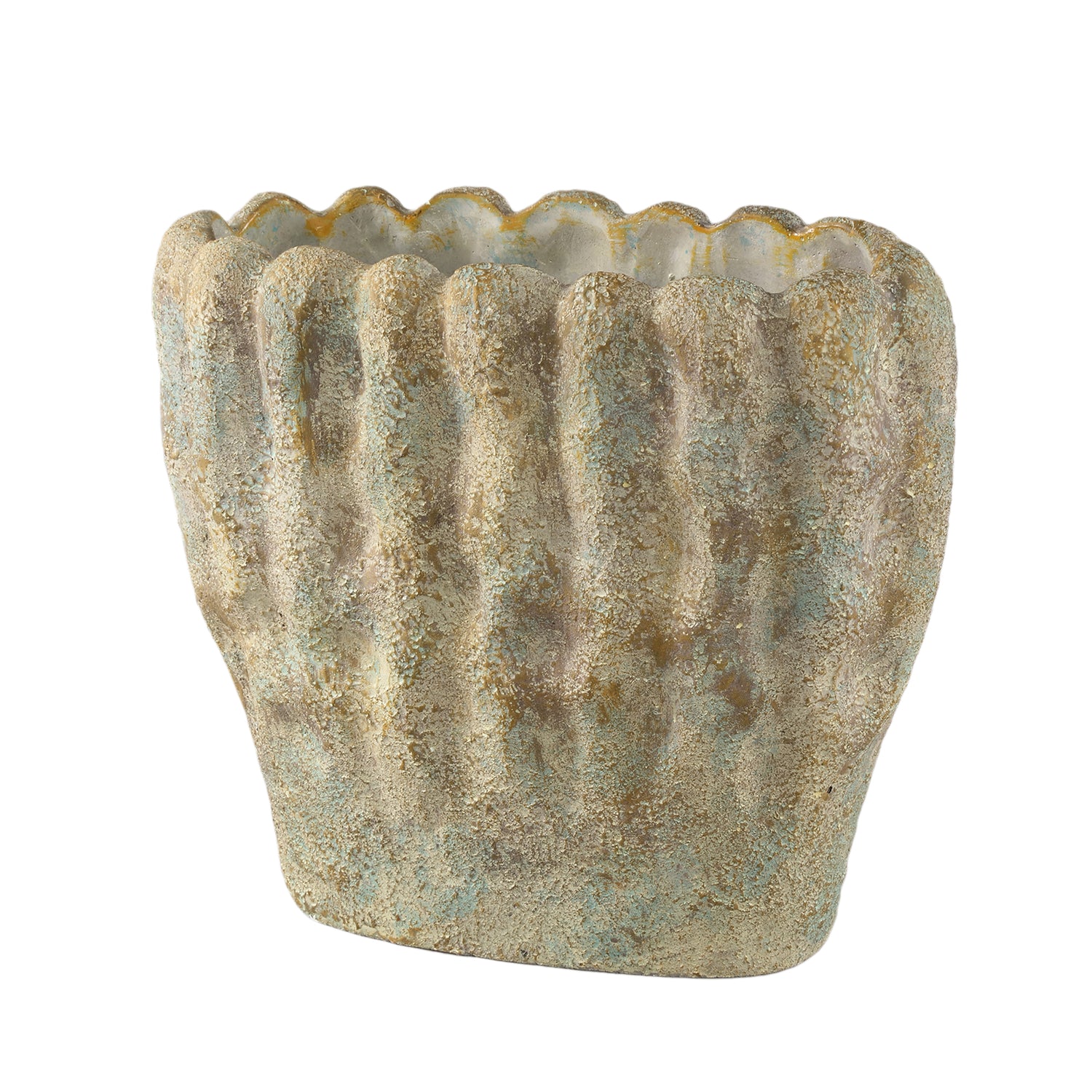 PTMD Contina Green Oval Cement Pot Thick Wavy L