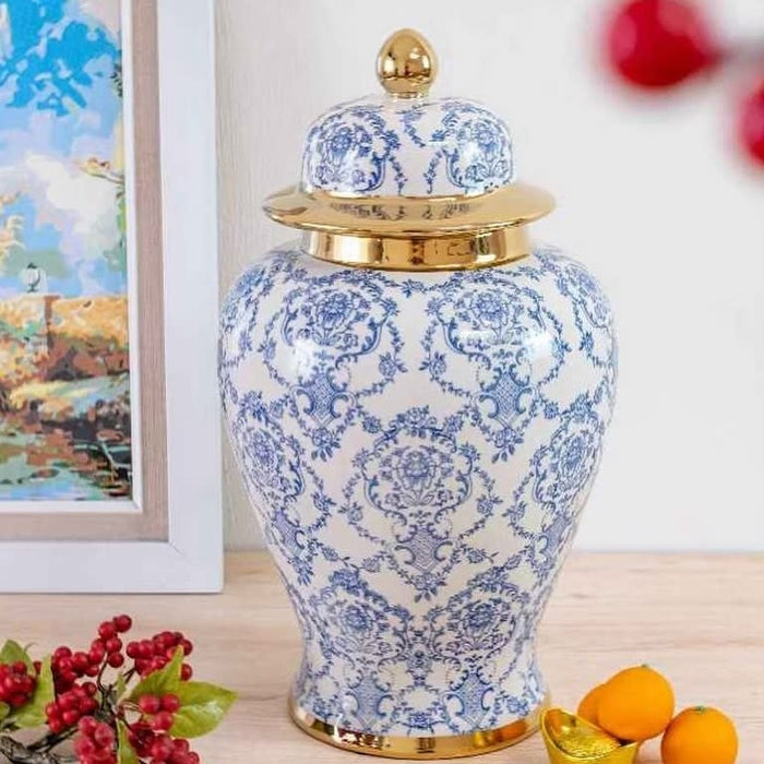 Fine Asianliving Chinese Gemberpot Blauw Wit Goud