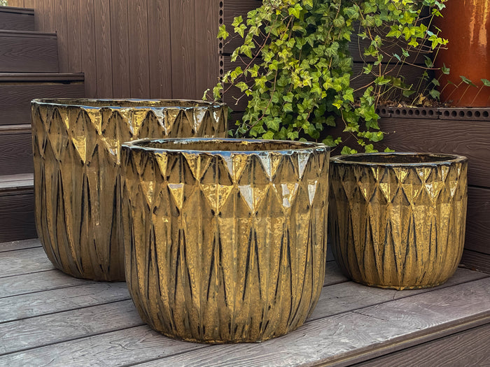 PTMD Kiraz Taupe Glazed Ceramic Pot Diamond Pattern SV3