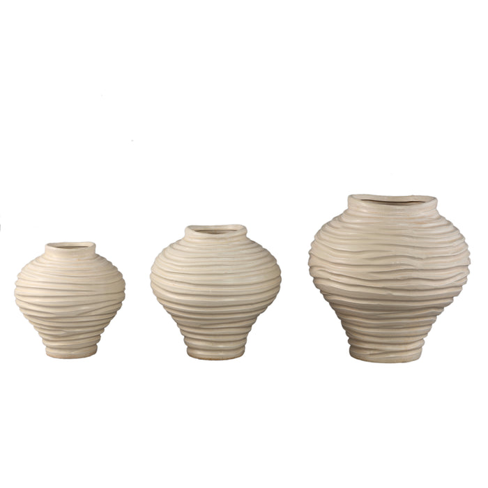PTMD Mickie Beige Round Bulb Ceramic Vase Ribbed S