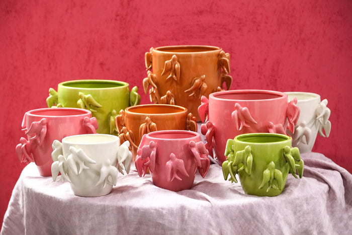 PTMD Emmelyn Pink Round Ceramic Glazed Pot Birds L