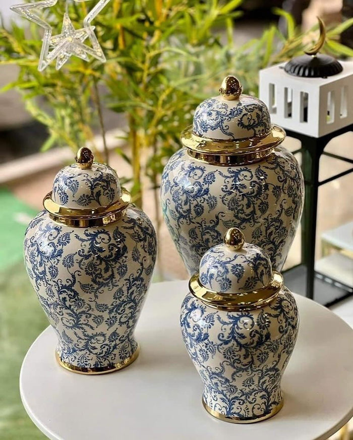 Fine Asianliving Chinese Gemberpot Blauw Wit Goud