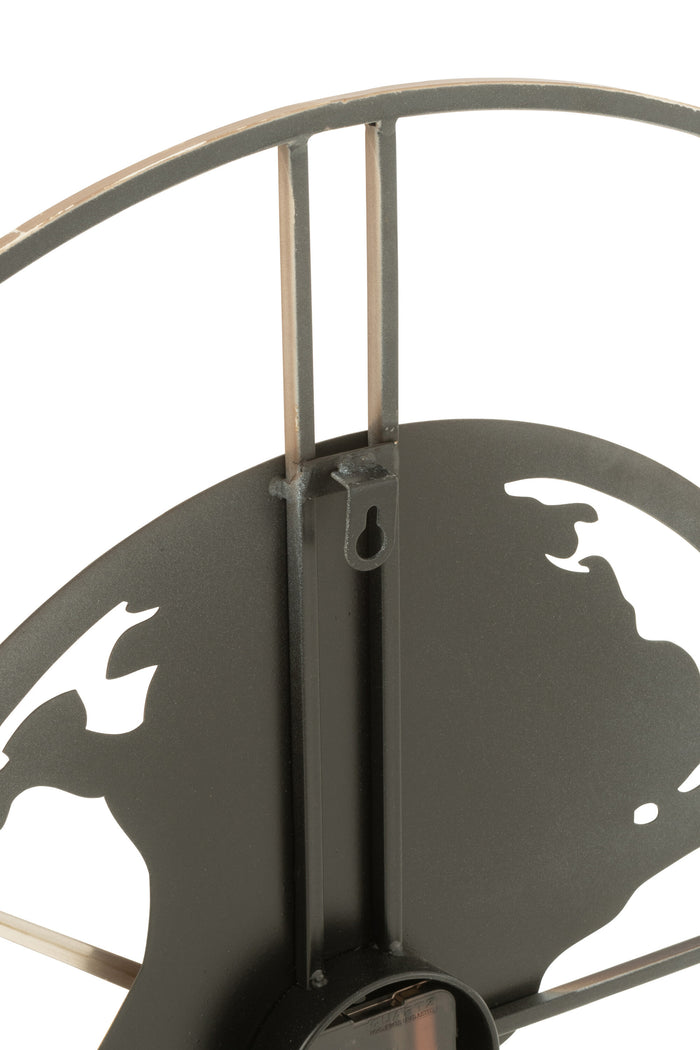 J-line - Klok Wereldkaart Gaten Metaal Donker Bruin Small - 60x4x60cm