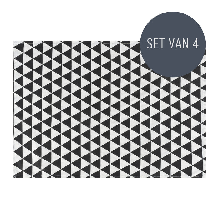 Krumble Theedoek Driehoek patroon - Zwart|wit - Set van 4