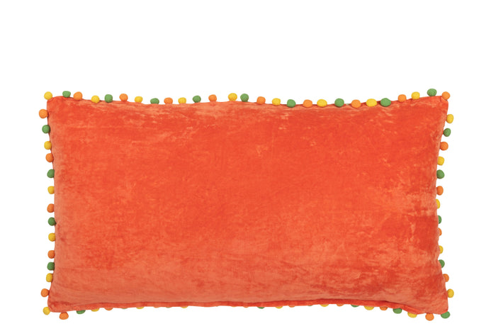 J-line - Kussen Rechthoek Bloemen+pompoms Fluweel Oranje - 65x35x15cm