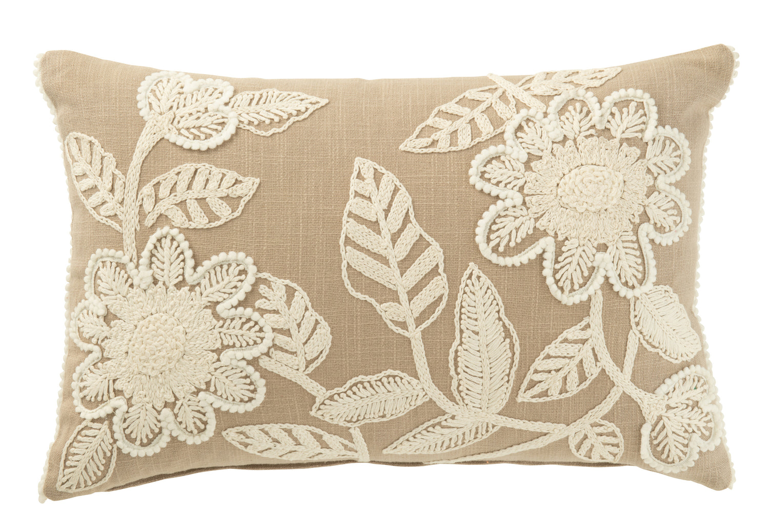 J-line - Kussen Bloemen Borduurwerk Katoen Greige|creme - 50x35x15cm