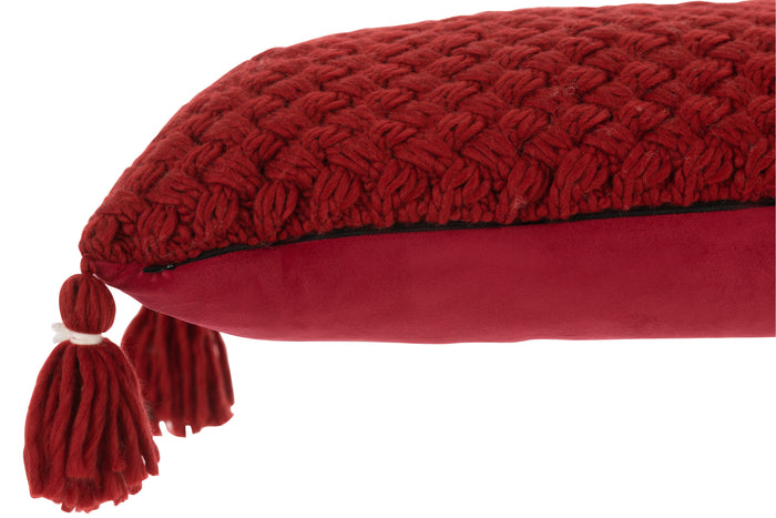 J-line - Kussen Gehaakt Kwast Acryl Rood - 58x39x10cm