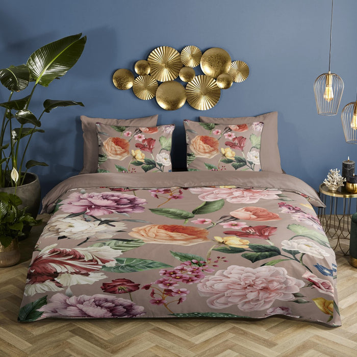 Descanso Dekbedovertrek Biologische Katoen Satijn Fiori - taupe