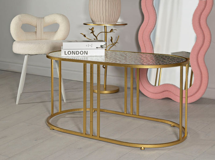 Salontafel in goudkleurig metaal en glas cm 90x50x45