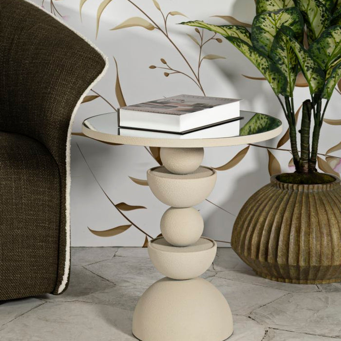 Crèmekleurige metalen salontafel en spiegel cm ø 45x49,5