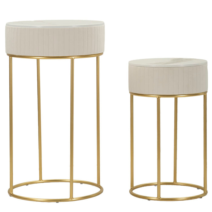 Ronde hoge tafels set van 2 in crèmekleurig fluweel cm ø 50x90-40x70